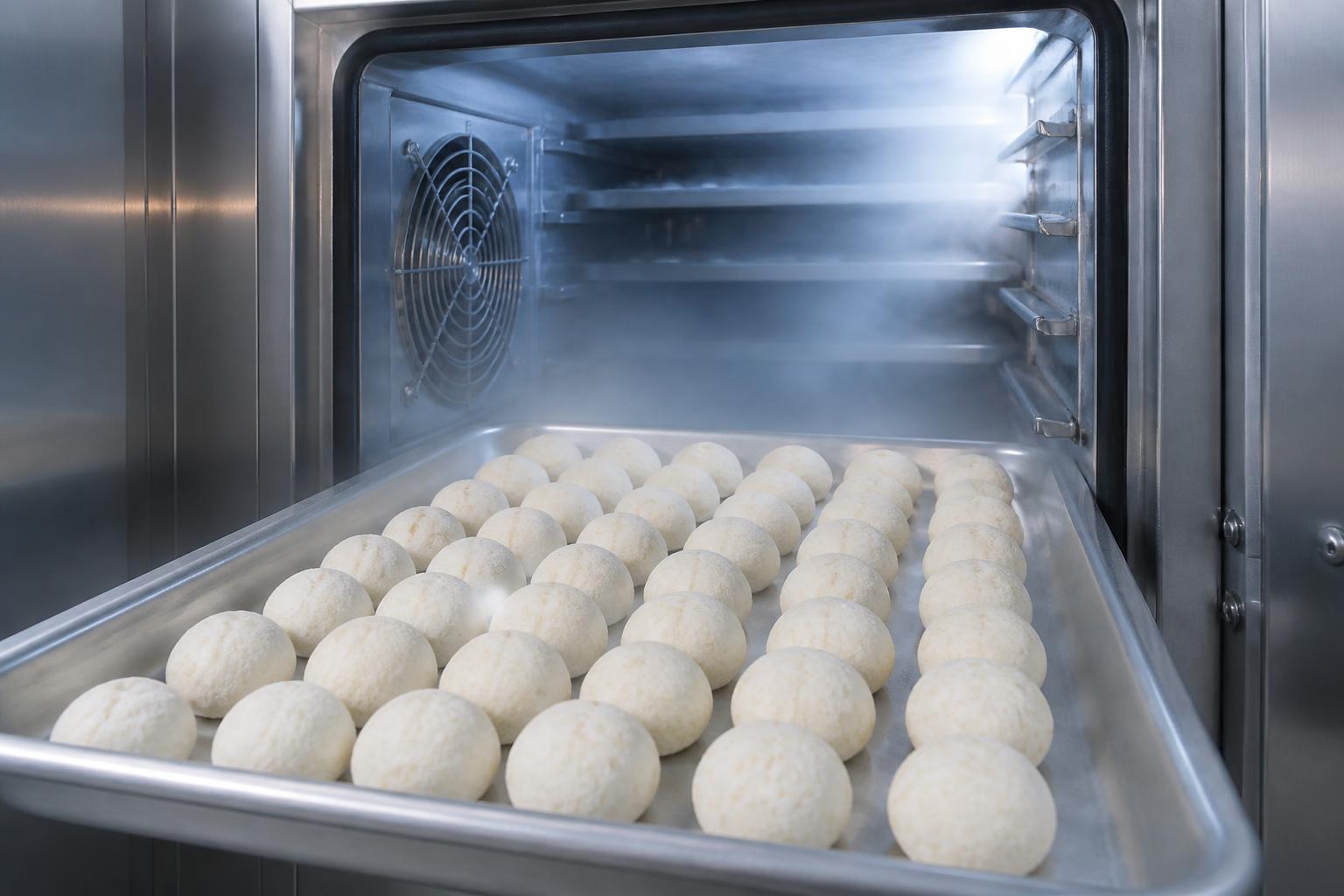 Tray of frozen dough balls entering an industrial blast freezer