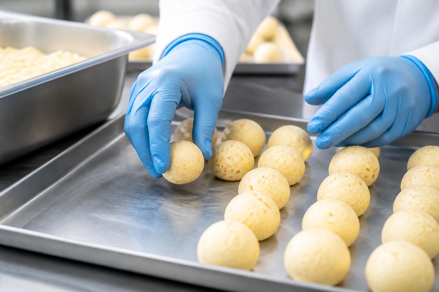 Gloved hands portioning Brazilian cheese bread dough onto a stainless steel tray