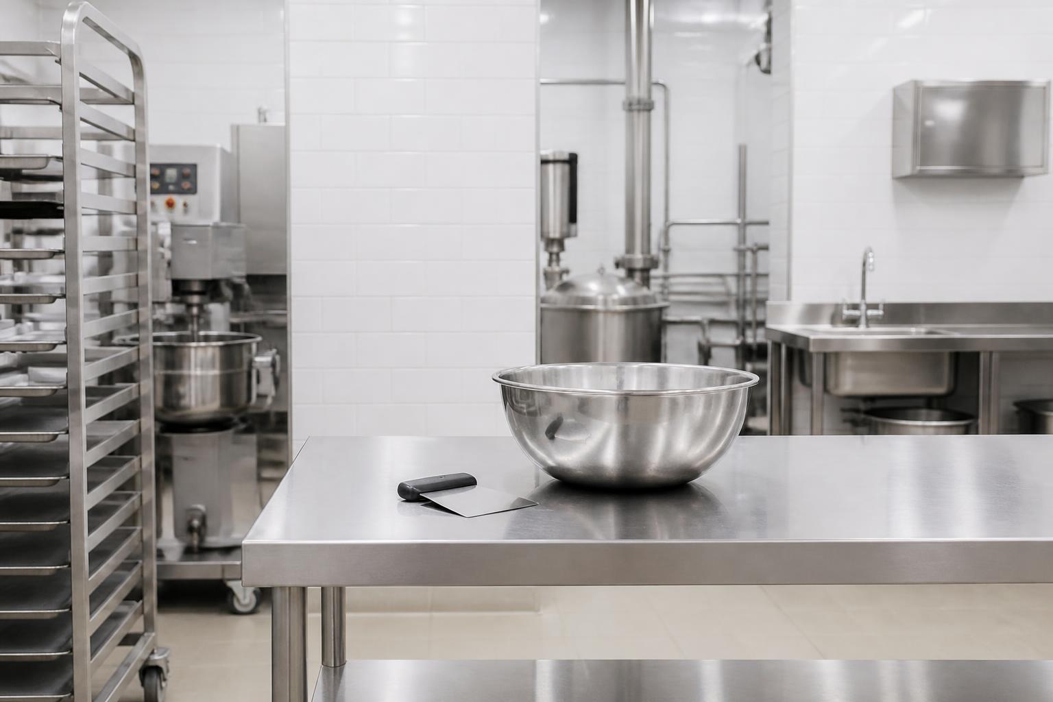 Stainless steel prep area in a UK bakery manufacturing facility