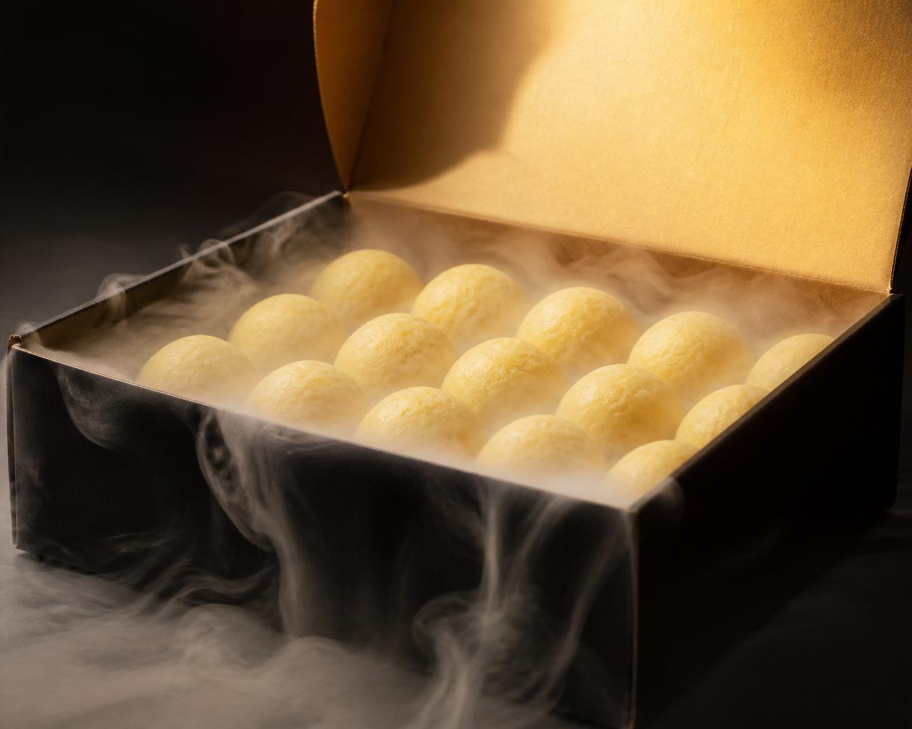 Frozen sample box of Brazilian cheese bread with dry ice mist